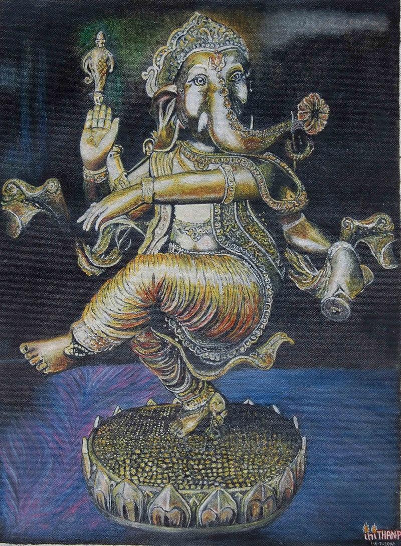 Religious oil painting titled 'Ganesha', 17x13 inches, by artist Inithan Ponnuswamy on Canvas