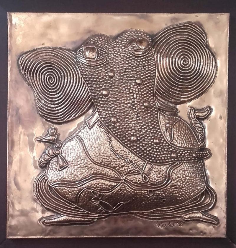 Religious mixed media titled 'Ganesha', 12x12 inches, by artist S G Vasudev on Relief Copper