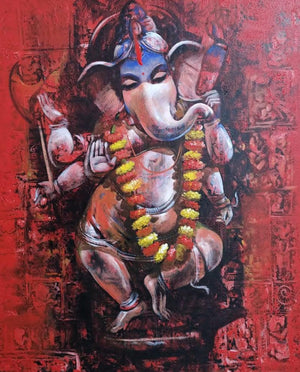 Religious acrylic painting titled 'Ganesha', 36x30 inches, by artist Jiban Biswas on Canvas