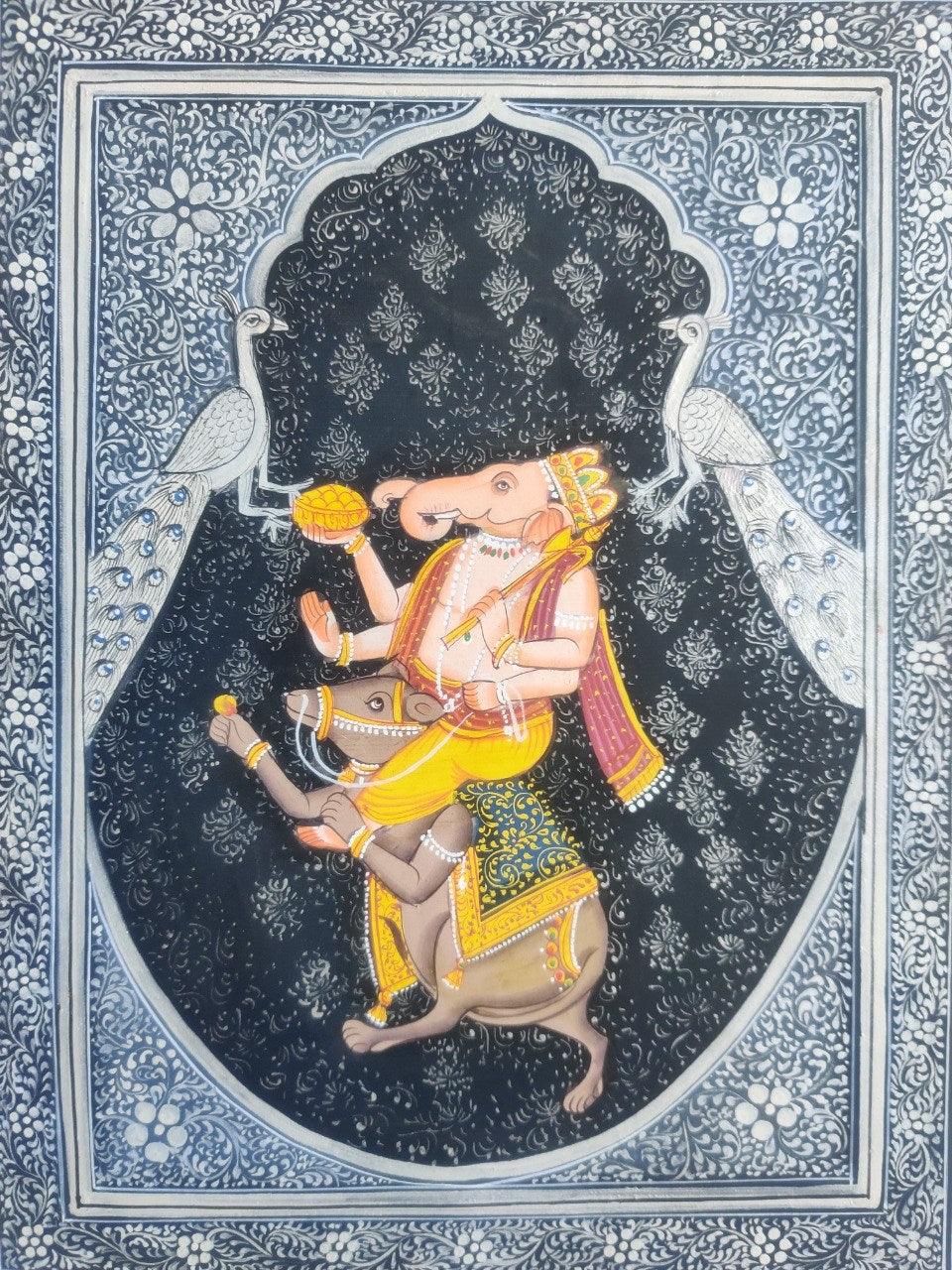 Religious miniature traditional art titled 'Ganesha', 12x8 inches, by artist Pichwai Art on Cloth
