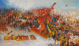 Religious acrylic painting titled 'Ganesha', 36x60 inches, by artist M Singh on Canvas