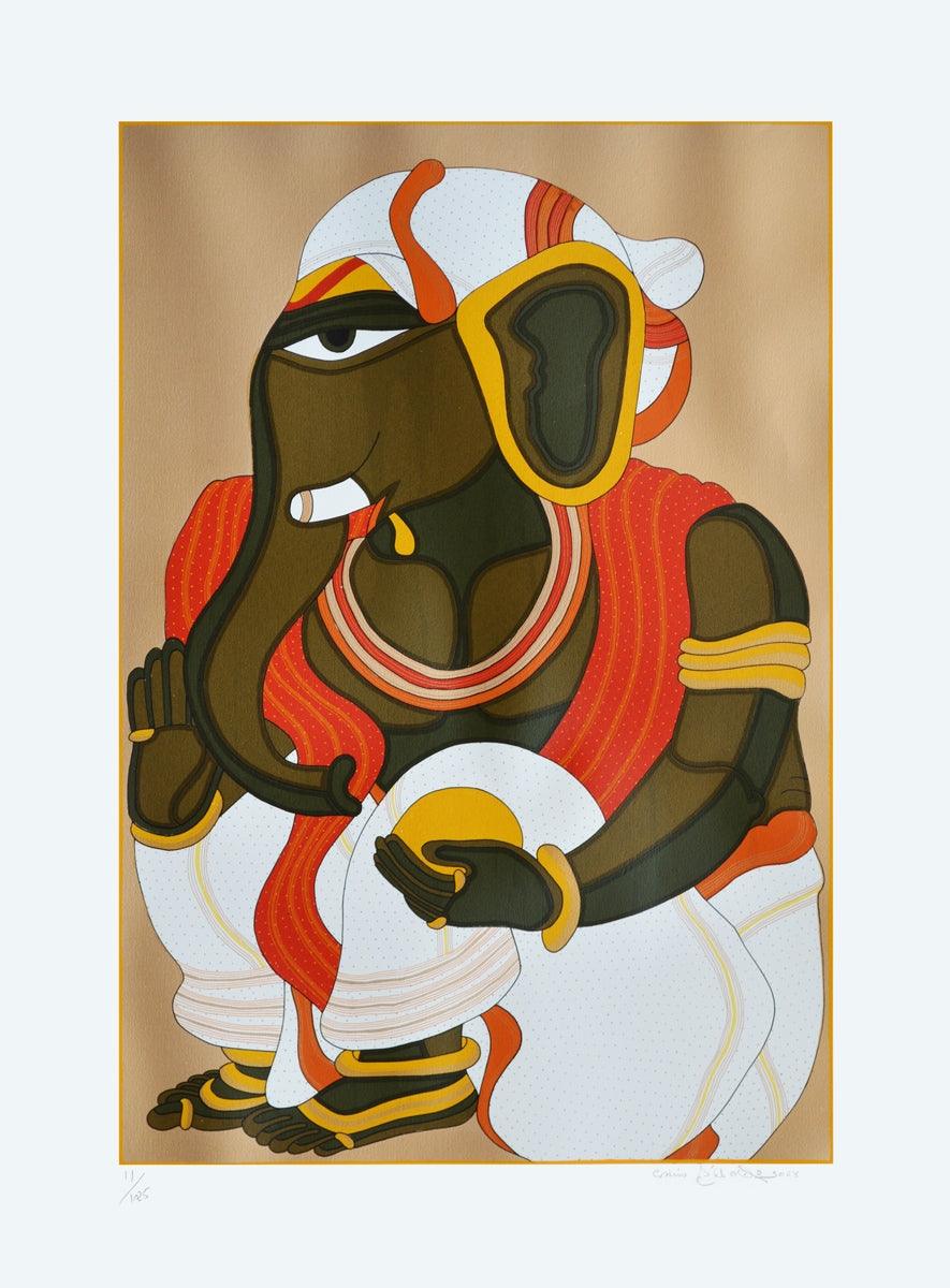Religious serigraphs painting titled 'Ganesha', 40x30 inches, by artist Thota Vaikuntam on Paper