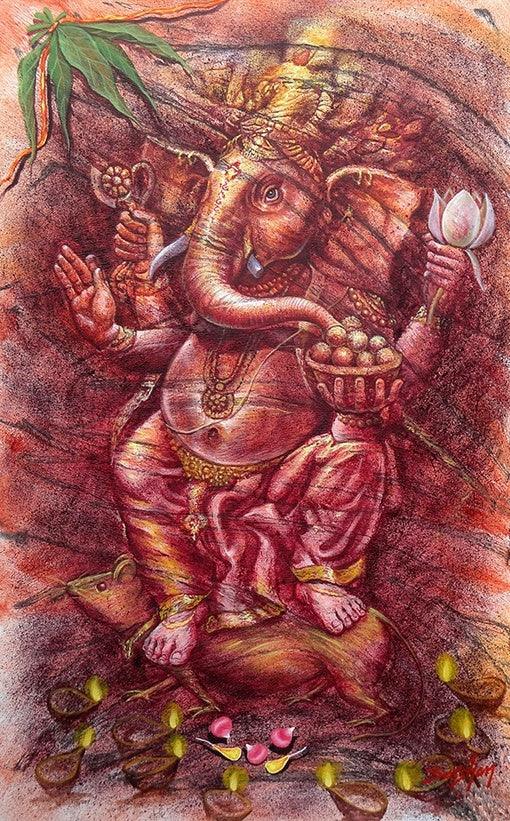 Religious oil painting titled 'Ganesha', 48x30 inches, by artist Darshan Sharma on Canvas