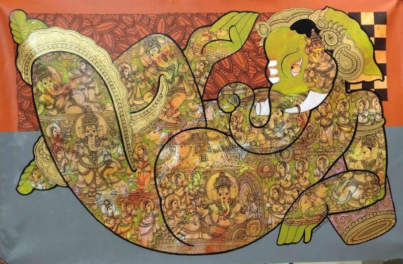 Religious acrylic painting titled 'Ganesha Giving Blessing', 60x36 inches, by artist Ramesh Gorjala on Canvas