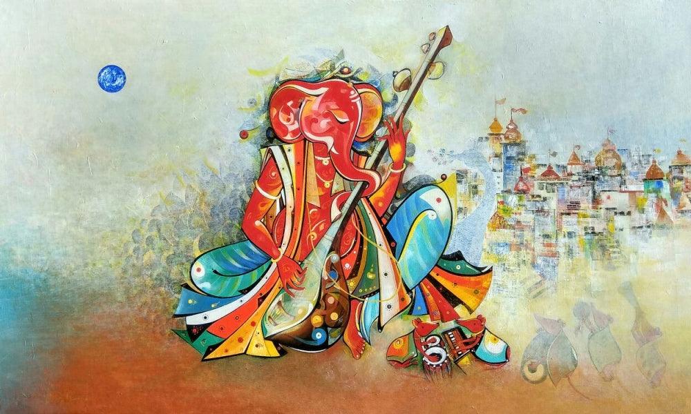 Religious acrylic painting titled 'Ganesha Playing Sitar', 36x60 inches, by artist M Singh on Canvas
