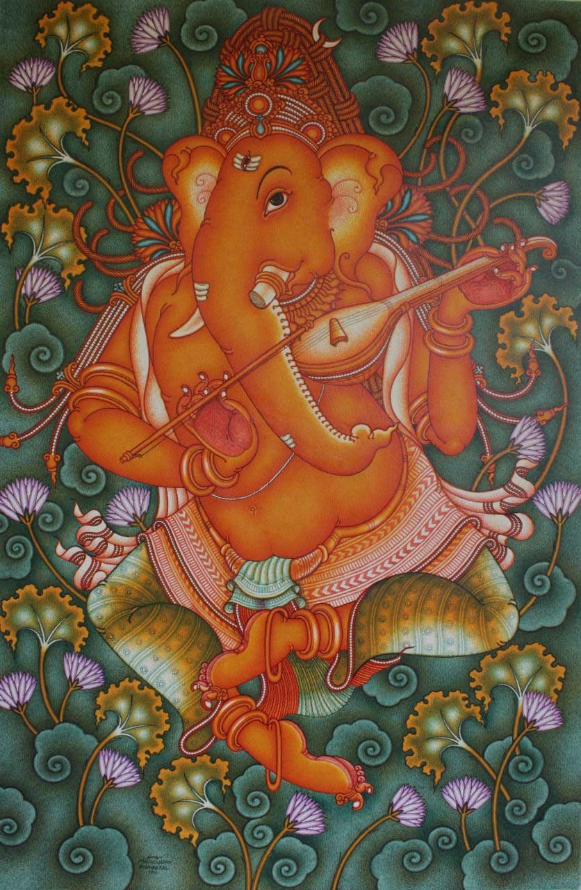 Religious acrylic painting titled 'Ganesha Playing Veena', 48x32 inches, by artist Manikandan Punnakkal on Canvas