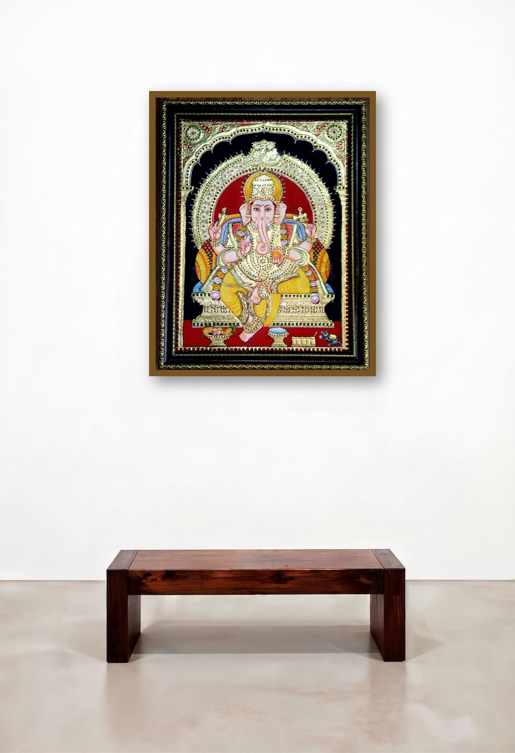 Ganesha Tanjore Painting (Lord Ganesha on a Golden Throne) by artist Vani Vijay displayed in a Urban Loft Foyer