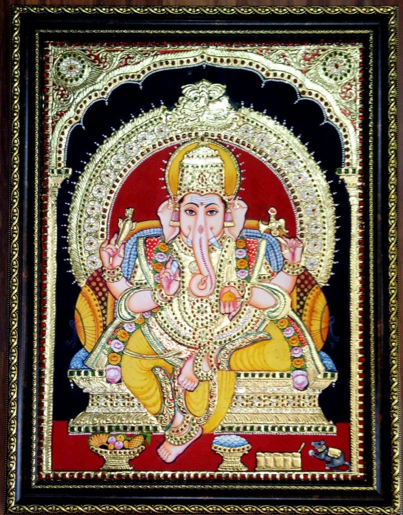 Religious tribal painting titled 'Ganesha Tanjore Painting', 27x21 inches, by artist VANI VIJAY on Wood