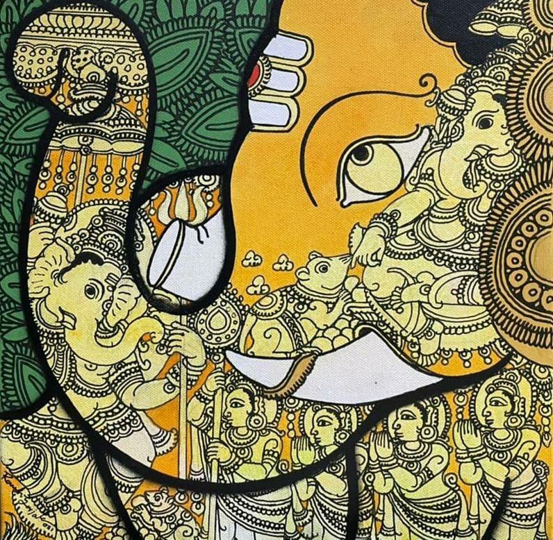 Religious acrylic painting titled 'Ganesha ( Vighnaharta )', 12x12 inches, by artist Ramesh Gorjala on Canvas