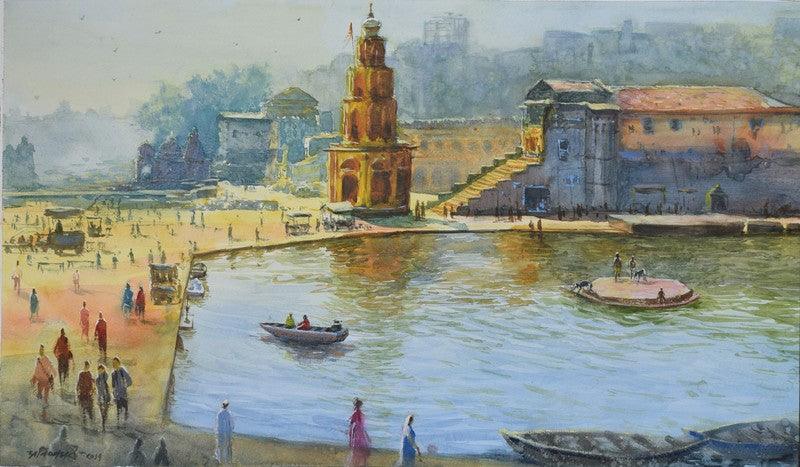 Cityscape watercolor painting titled 'Ganga', 12x20 inches, by artist Avishkar Vispute on Paper