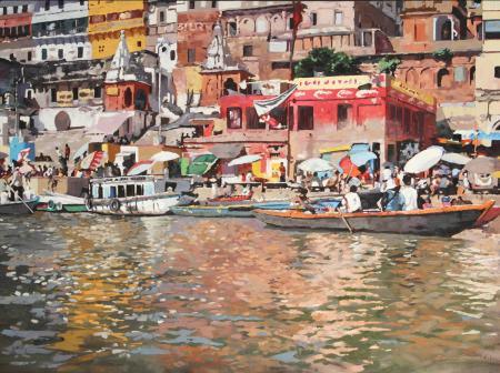 Cityscape oil painting titled 'Ganga Bhraman', 36x48 inches, by artist Sachin Sawant on Canvas