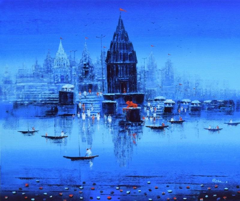 Cityscape acrylic painting titled 'Ganga Ghat 2', 30x36 inches, by artist Reba Mandal on Canvas