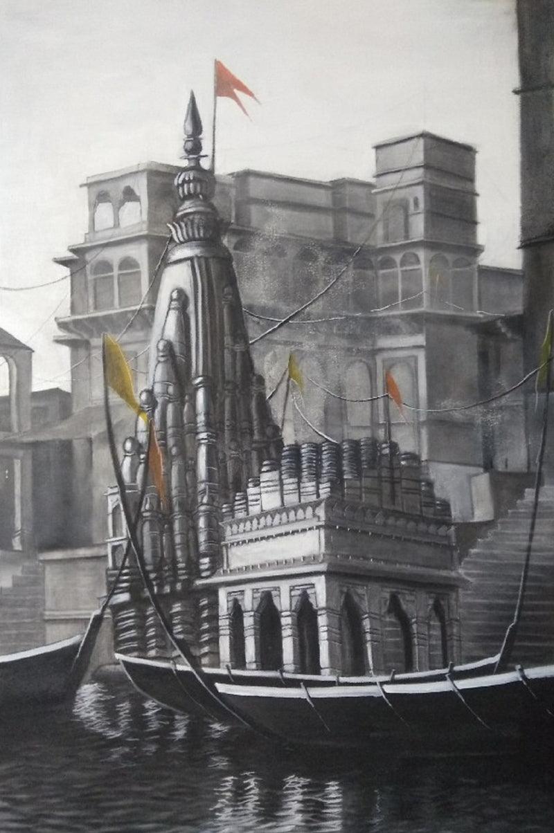 Cityscape charcoal painting titled 'Ganga Ghat 3', 30x24 inches, by artist Akash Parkande on Canvas