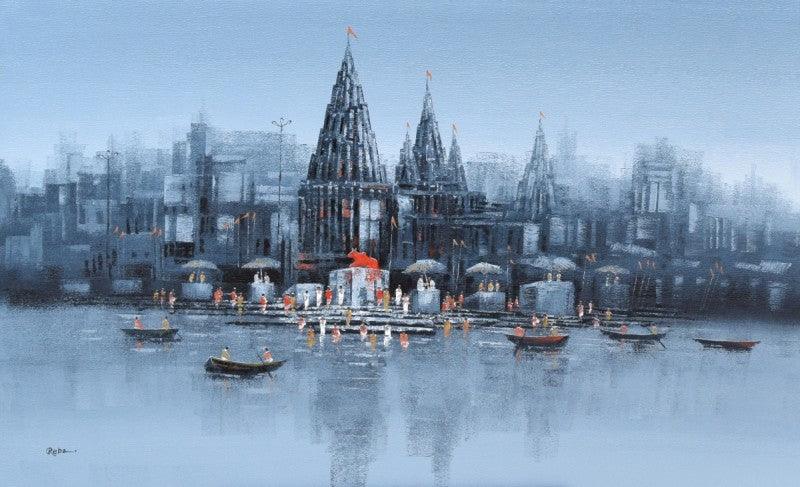 Cityscape acrylic painting titled 'Ganga Ghat 5', 30x48 inches, by artist Reba Mandal on Canvas