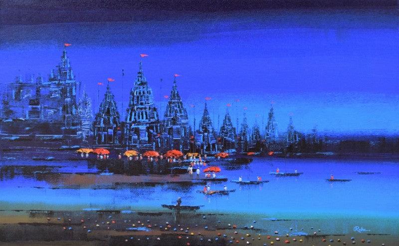 Cityscape acrylic painting titled 'Ganga Ghat 6', 30x48 inches, by artist Reba Mandal on Canvas