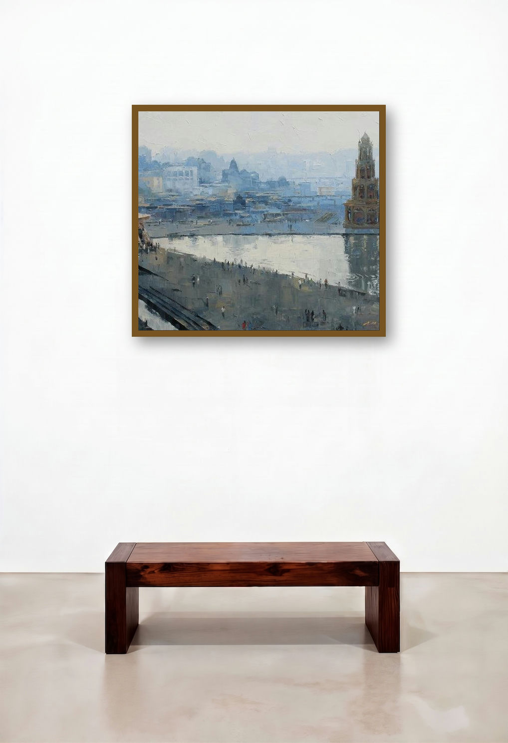 Ganga Ghat (Cityscape by artist the River) by artist Amit Dhane displayed in a Art Deco Home Office