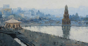 Religious oil painting titled 'Ganga Ghat', 24x42 inches, by artist Amit Dhane on Canvas
