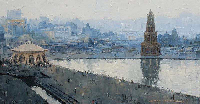 Religious oil painting titled 'Ganga Ghat', 24x42 inches, by artist Amit Dhane on Canvas