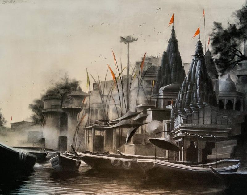 Cityscape charcoal painting titled 'Ganga Ghat', 48x60 inches, by artist Akash Parkande on Canvas