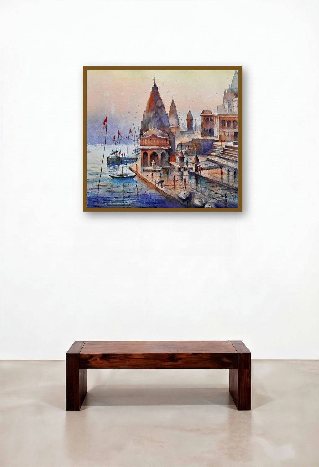 Ganga Ghat (Golden Dawn on the Ganges) by artist Jitendra Divte displayed in a Luxury Family Room