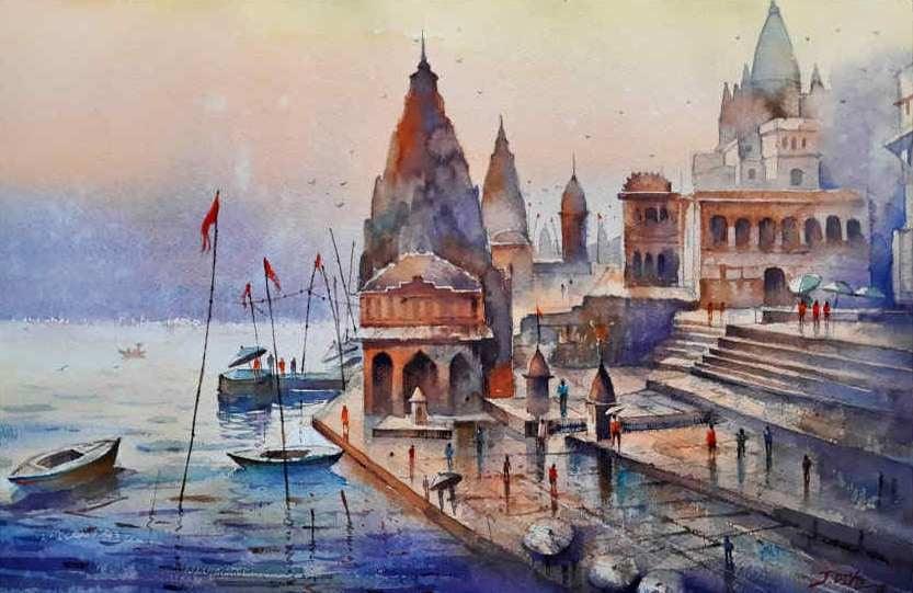 Religious watercolor painting titled 'Ganga Ghat', 15x22 inches, by artist Jitendra Divte on Paper