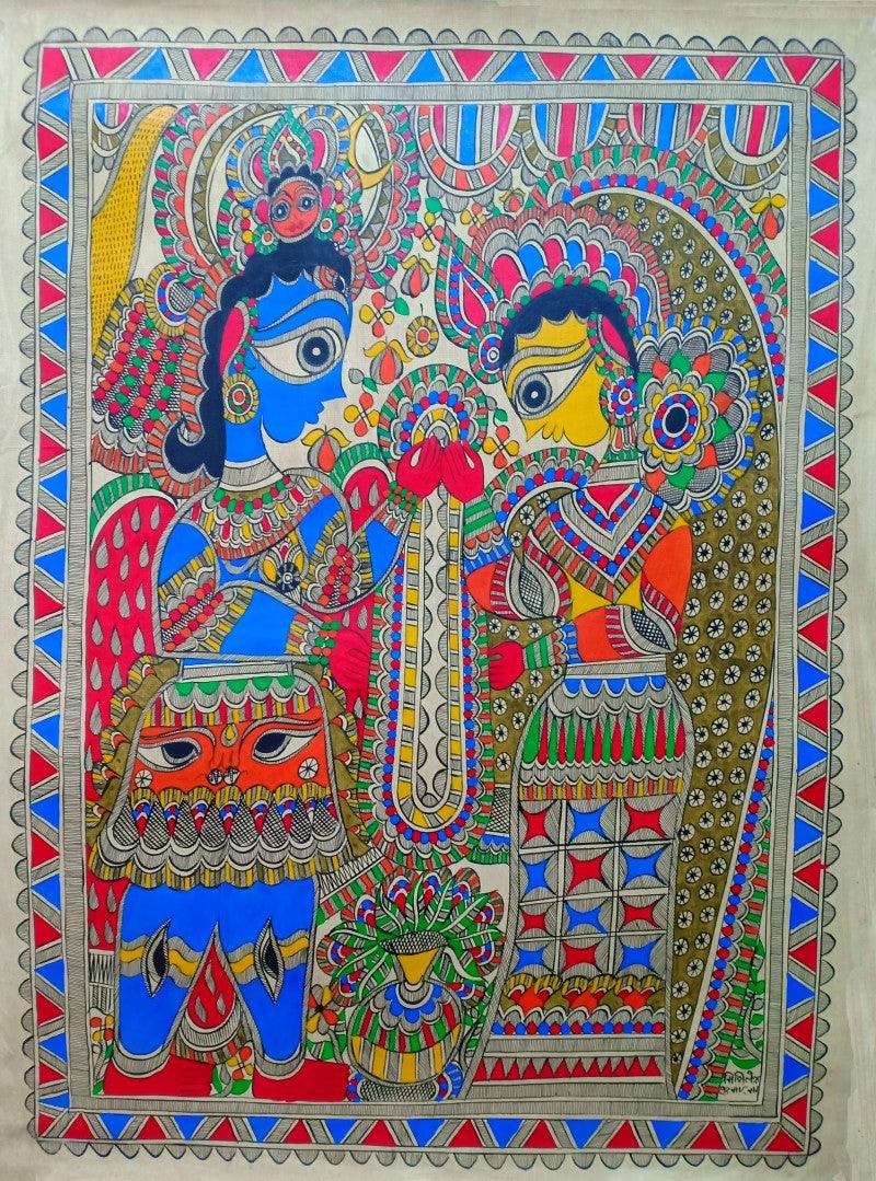 Religious madhubani traditional art titled 'Garland Ceremony', 30x22 inches, by artist Mithilesh Jha on Paper