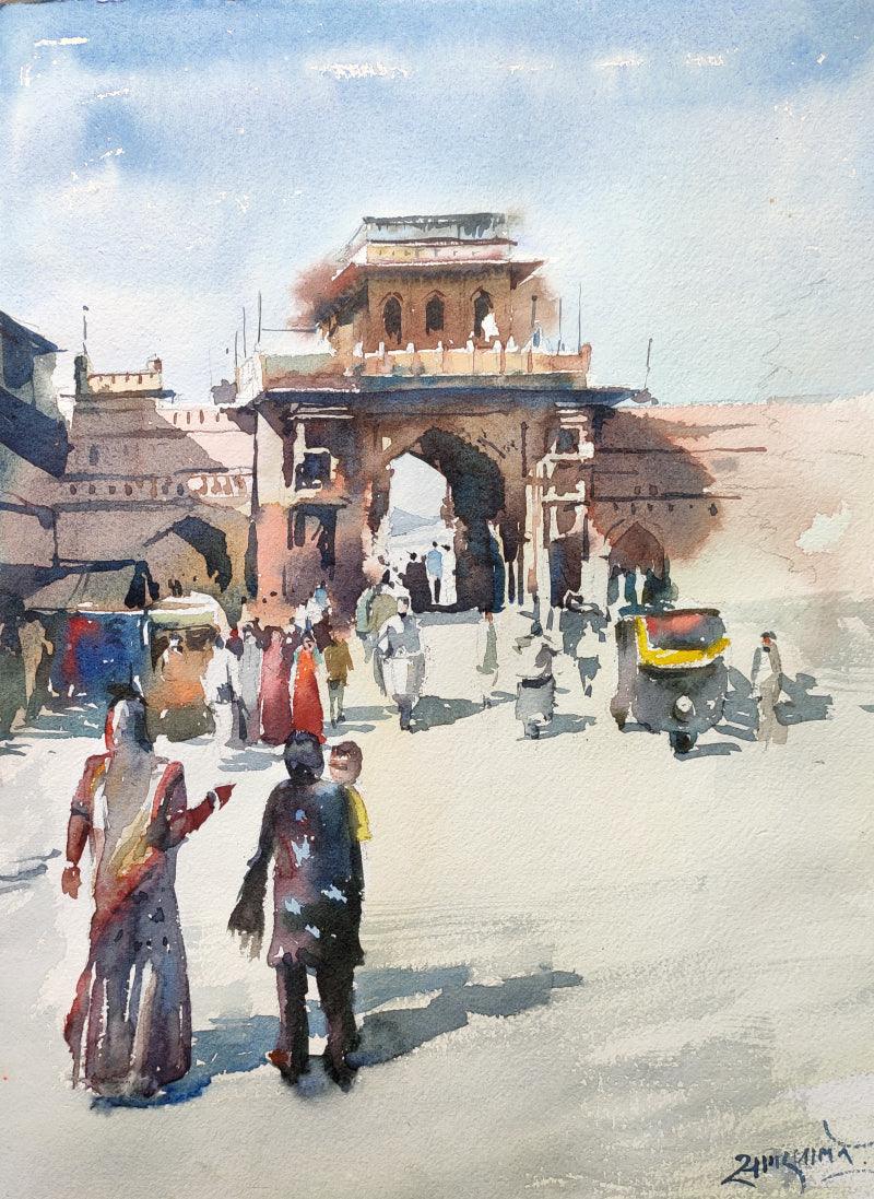 Cityscape watercolor painting titled 'Gate', 15x11 inches, by artist Sagar Palwe on Paper