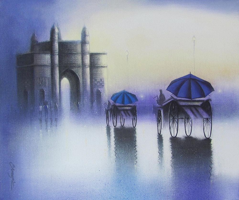 Cityscape mixed media painting titled 'Gateway Of India 2', 15x18 inches, by artist Somnath Bothe on Canvas