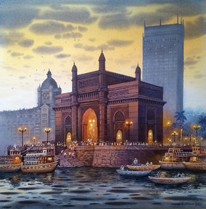 Cityscape acrylic painting titled 'Gateway Of India', 30x30 inches, by artist NanaSaheb Yeole on Canvas