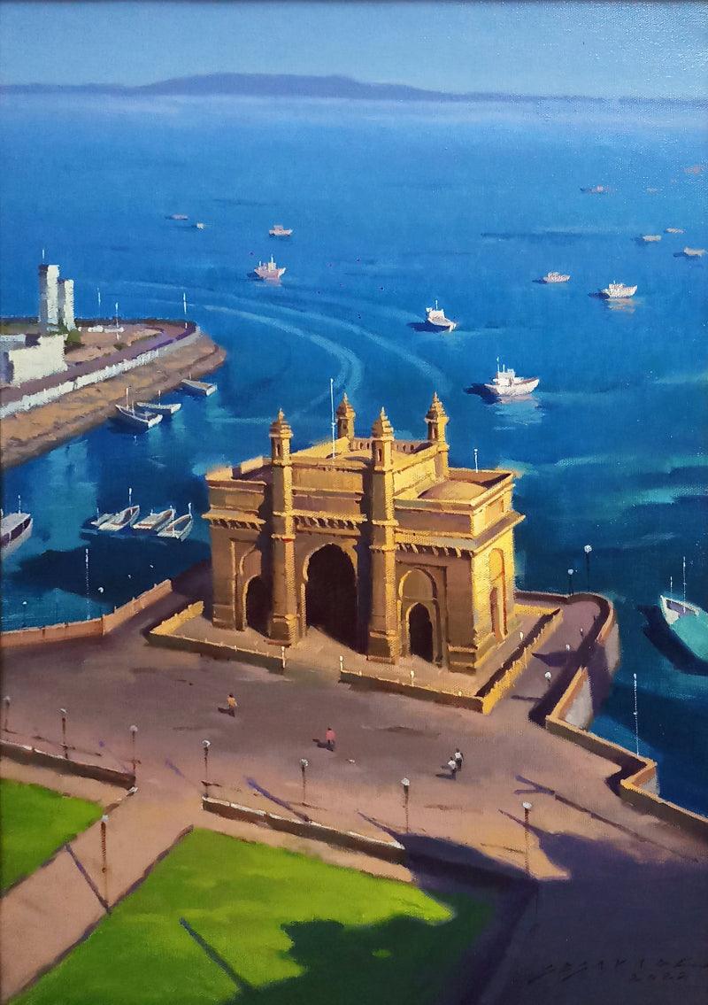 Cityscape acrylic painting titled 'Gateway Of India', 24x17 inches, by artist Siddharth Gavade on Canvas