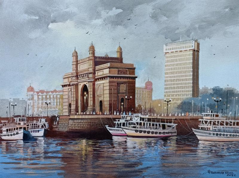 Cityscape acrylic painting titled 'Gateway Of India', 18x24 inches, by artist NanaSaheb Yeole on Canvas