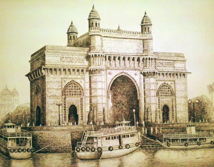 Cityscape ink drawing titled 'Gateway Of India', 24x30 inches, by artist Aman A on Canvas