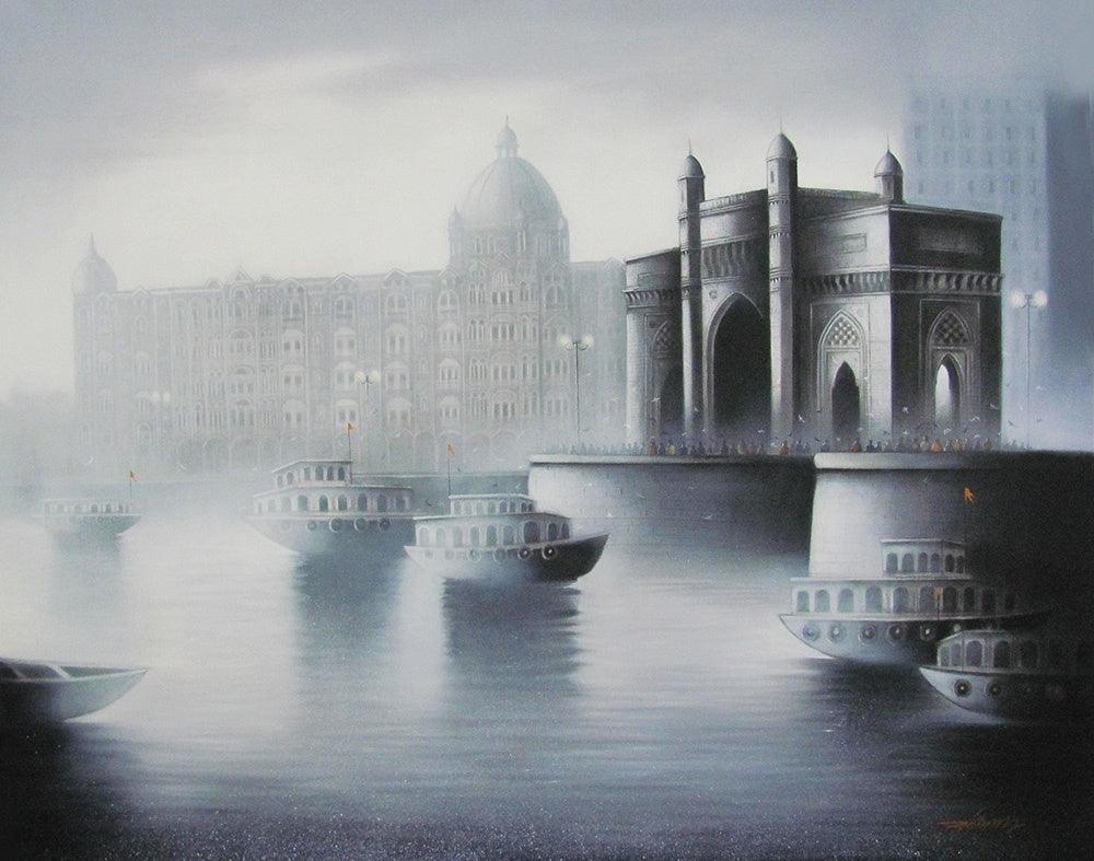 Cityscape mixed media painting titled 'Gateway Of India', 48x60 inches, by artist Somnath Bothe on Canvas