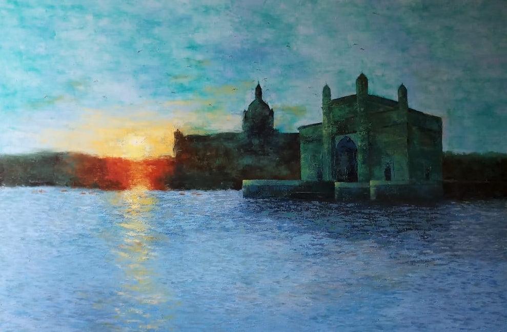 Cityscape oil painting titled 'Gateway Of India', 48x72 inches, by artist Sandeep Ghule on Canvas