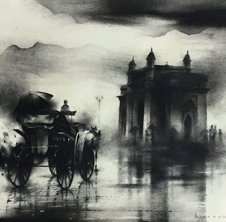 Cityscape charcoal painting titled 'Gateway Of India', 15x15 inches, by artist Ajay De on Paper