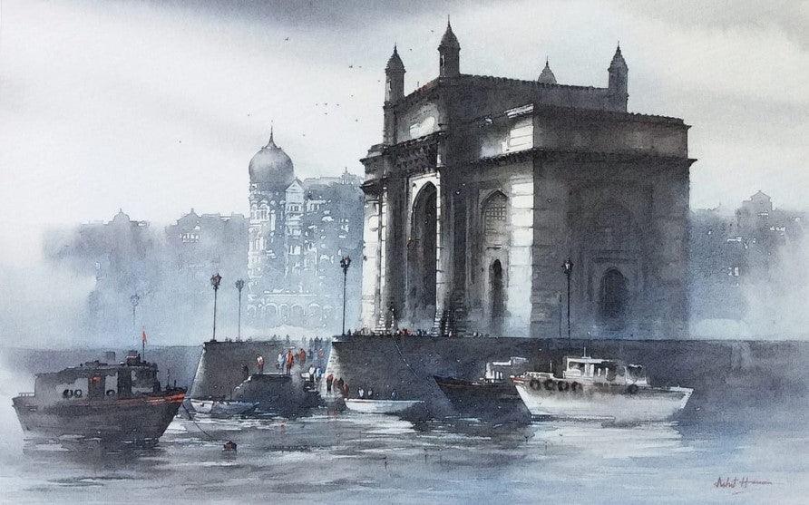 Cityscape acrylic painting titled 'Gateway of India Mumbai', 30x48 inches, by artist Ashif Hossain on Canvas