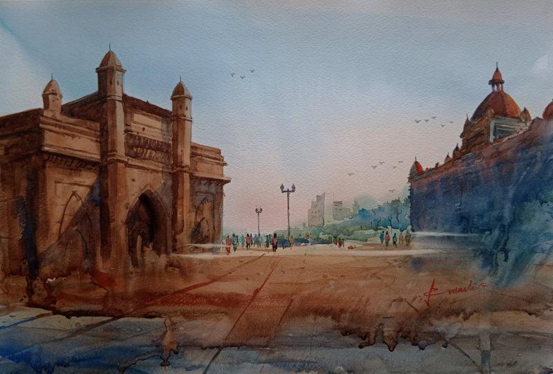 Cityscape watercolor painting titled 'Gateway of India Mumbai', 22x15 inches, by artist Prasanta Maiti on Paper