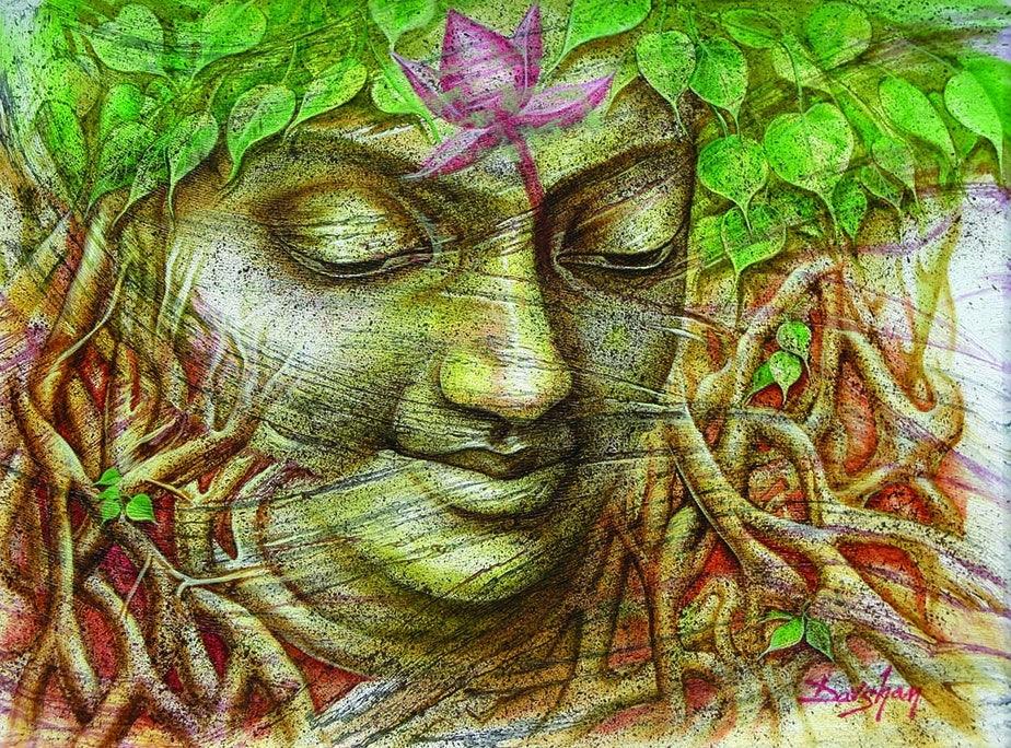 Religious oil painting titled 'Gautama Buddha 1', 36x48 inches, by artist Darshan Sharma on Canvas