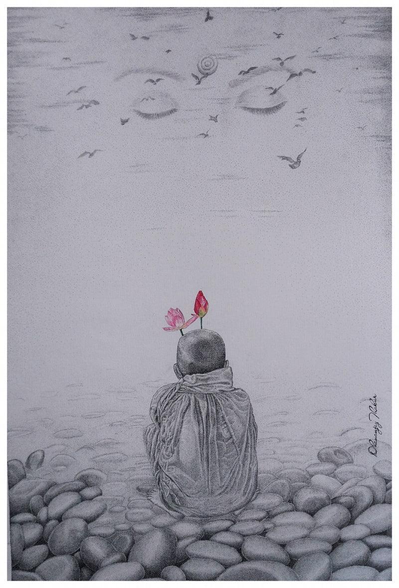 Religious pen ink drawing titled 'Gautama Buddha 3', 36x24 inches, by artist Dhananjay Thakur on Canvas