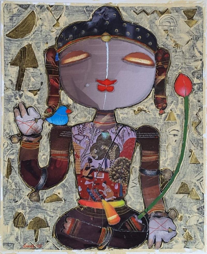 Religious mixed media painting titled 'Gautama Buddha', 22x18 inches, by artist G Subramanian on Canvas