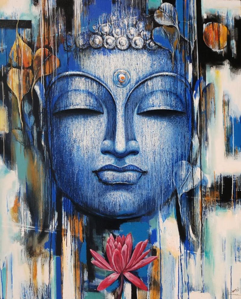 Religious acrylic painting titled 'Gautama Buddha', 60x48 inches, by artist Vishal Phasale on Canvas