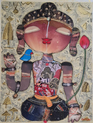 Religious mixed media painting titled 'Gautama Buddha', 24x18 inches, by artist G Subramanian on Canvas