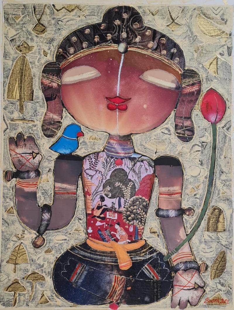 Religious mixed media painting titled 'Gautama Buddha', 24x18 inches, by artist G Subramanian on Canvas