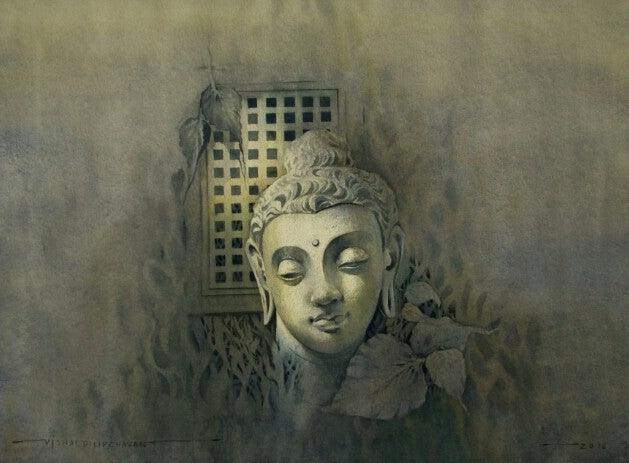 Religious watercolor painting titled 'Gautama Buddha', 22x30 inches, by artist Vishal Chavan on Paper