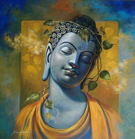 Religious acrylic painting titled 'Gautama Buddha', 30x30 inches, by artist Sanjay Lokhande on Canvas