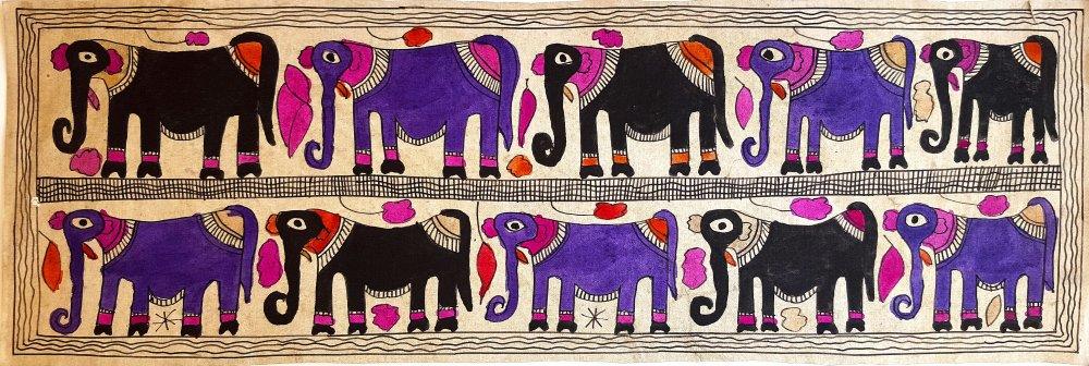 Folk Art madhubani traditional art titled 'Gentle Giants', 8x23 inches, by artist Yamuna Devi on Handmade Paper