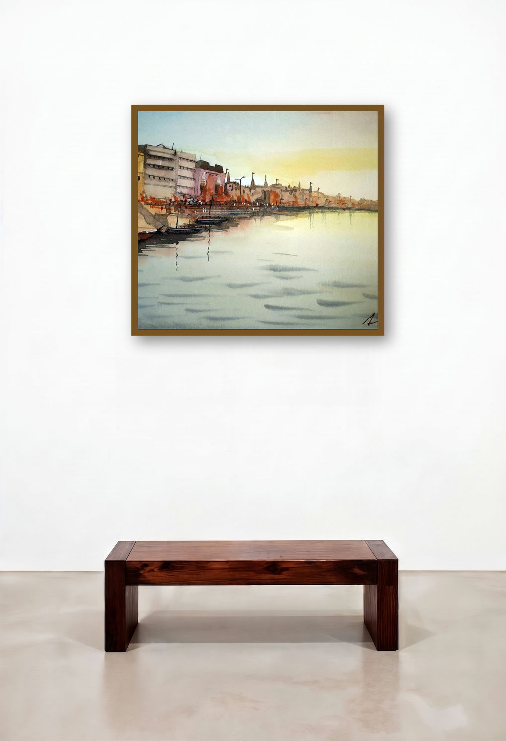 Ghats Of Varanasi (Varanasi Ghats at Sunset) by artist Arunava Ray displayed in a Designer Hallway