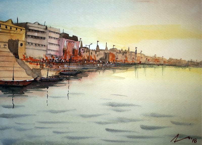 Religious watercolor painting titled 'Ghats Of Varanasi', 8x11 inches, by artist Arunava Ray on Paper