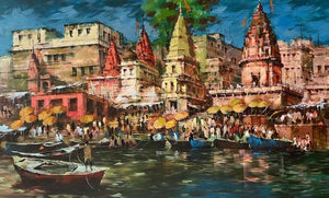 Cityscape acrylic painting titled 'Ghats Of Varanasi', 36x60 inches, by artist Sandeep Chhatraband on Canvas