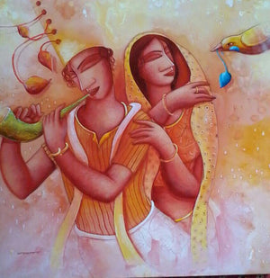 Gift Of Love (Whispers of the Heart) by Samir Sarkar, Original Acrylic Figurative Painting on Canvas, Medium Square Wall Art